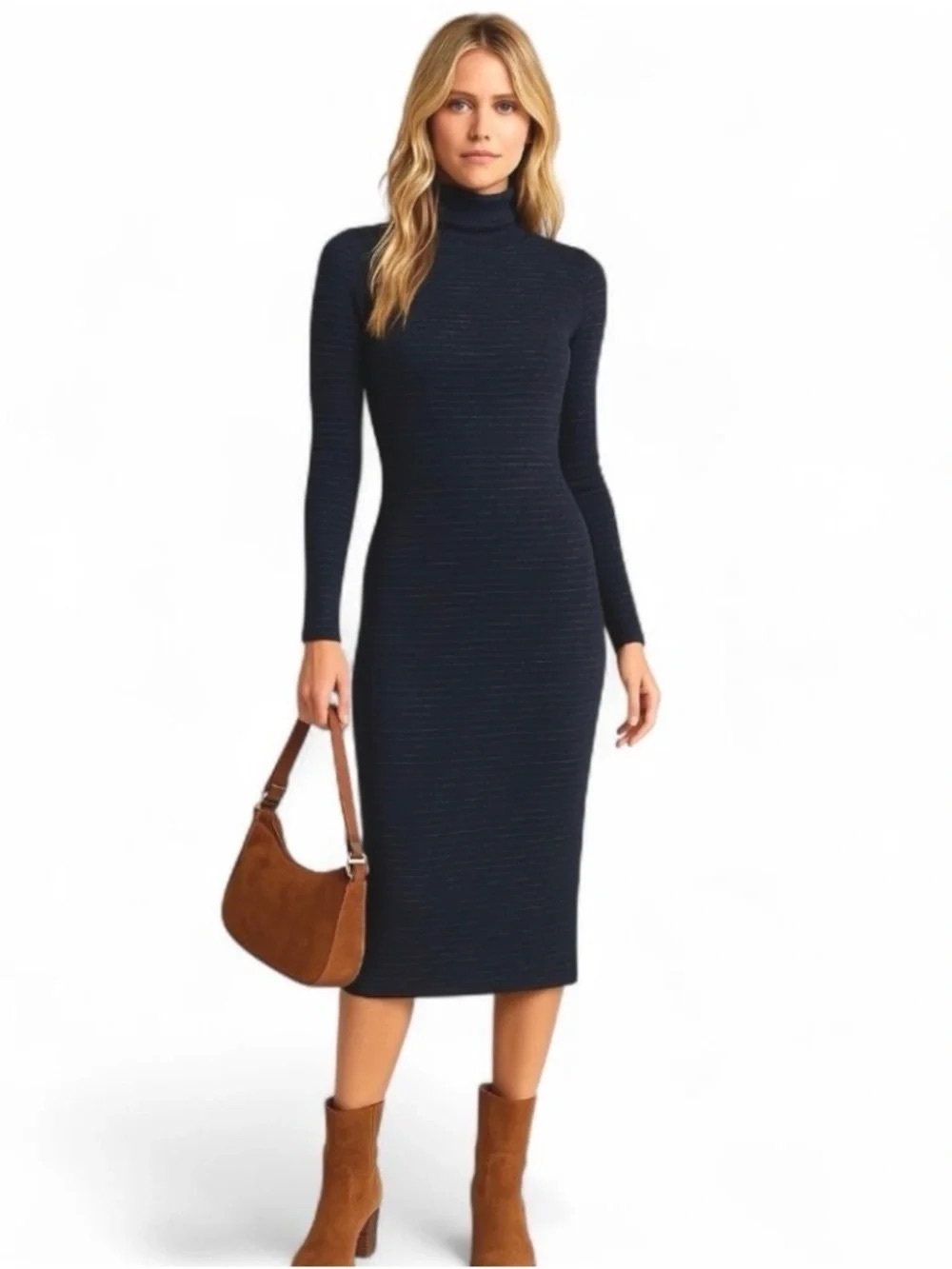 NWT. Marine Layer. Lexi Turtleneck Midi. Sky Captain Blue Metallic Stripe. L.